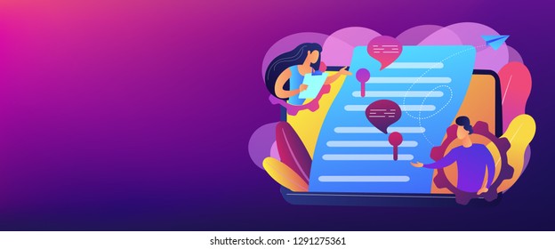 Business team editing shared document on laptop online. Shared document, shared folder access, collaborative document editing concept. Header or footer banner template with copy space.