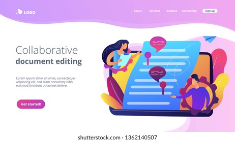 Business team editing shared document on laptop online. Shared document, shared folder access, collaborative document editing concept. Website vibrant violet landing web page template.