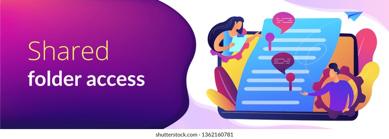 Business team editing shared document on laptop online. Shared document, shared folder access, collaborative document editing concept. Header or footer banner template with copy space.