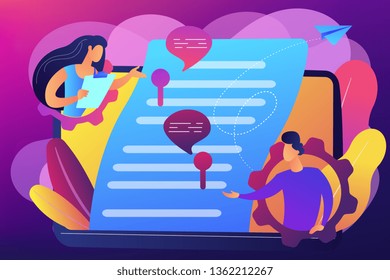 Business team editing shared document on laptop online. Shared document, shared folder access, collaborative document editing concept. Bright vibrant violet vector isolated illustration