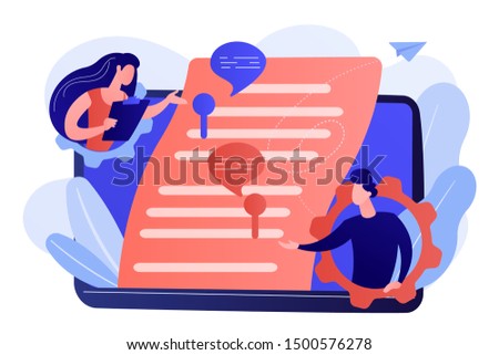 Business team editing shared document on laptop online. Shared document, shared folder access, collaborative document editing concept. Living coral bluevector isolated illustration