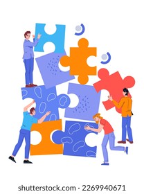 Business team efficient work and collaboration metaphor. Business people connecting puzzle elements, flat vector illustration isolated on white background.