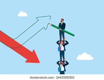 Business team employee holding each other on their shoulders and holding a pencil and draw green arrow rising up from red pointing down arrow. Flat vector illustration