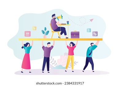 Business team, employees carrying angry boss. Hard work, office day. Hierarchy in company, worker men and women trying to complete boss tasks. Leader search right way for development. vector flat 