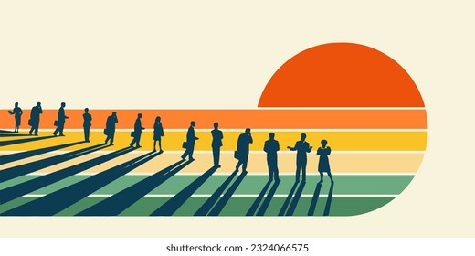 Se ve a un equipo de empleados y directivos con un diseño gráfico de puesta de sol que ensombrece al equipo. Esto está aislado en el fondo.