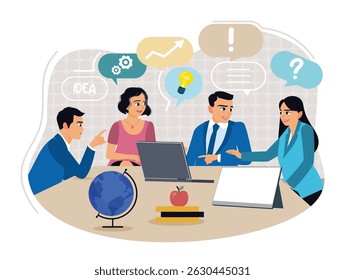 Uma equipe de negócios se envolve em discussões colaborativas. Compartilhando ideias, trocando informações e resolvendo problemas. Ilustração de vetor plano.