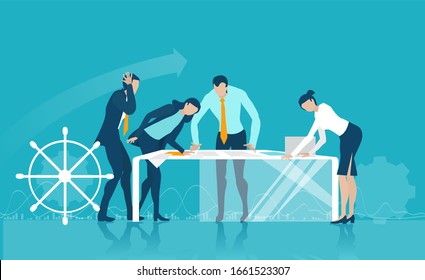 Business team faced to the financial crisis, working together and solving the problems. Business people looking at documents and making decisions