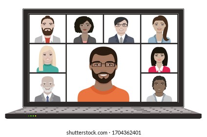 Business team with faces hangout and have remote video meeting online on laptop screen distant conference concept