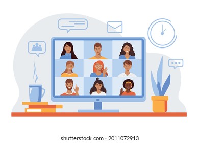 Business team faces, video meeting online on laptop screen, flat vector illustration.