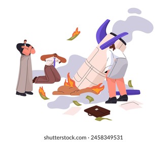 Business team failed. Startup falls, failures of teamwork. Collapse, crisis of project. Broken rocket crashed. Bad management, bankruptcy concept. Flat isolated vector illustration on white background