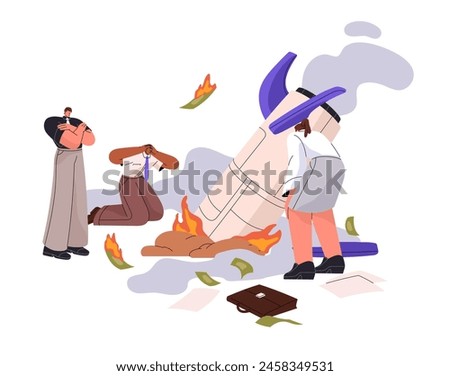 Business team failed. Startup falls, failures of teamwork. Collapse, crisis of project. Broken rocket crashed. Bad management, bankruptcy concept. Flat isolated vector illustration on white background
