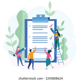 Business Team fill out  checklist on a clipboard paper. Big pencil, mission completed concept for web page, banner, presentation, social media, documents, cards, posters. Vector illustration, teamwork