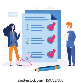 Business Team fill out  checklist on a clipboard paper. Big pencil, mission completed concept for web page, banner, presentation, social media, documents, cards, posters. Vector illustration, teamwork