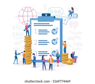 Business Team fill out  checklist on a clipboard paper. Big pencil, mission completed concept for web page, banner, presentation, social media, documents, cards, posters. Vector illustration, teamwork