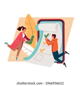 Business team fill out checklist in mobile application vector illustration for web banner. To do list, teamwork, efficiency, time management concept. Personal growth, development, successful career. 