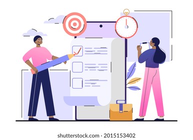 Business Team fill out checklist in mobile application. To do list, teamwork, successful work planning concept for webpage, banner, presentation, social media. Flat cartoon vector illustration