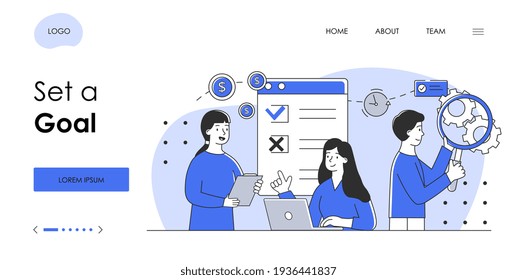 Business team fill out daily checklist in mobile concept. To do list, work planning, mission completed. Flat metaphor outline cartoon vector illustration concept Simple art design isolated banner, pen