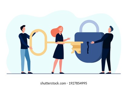 Business team finding solution together. Group with key unlocking lock. Flat vector illustration. Teamwork, success, security concept for banner, website design or landing web page