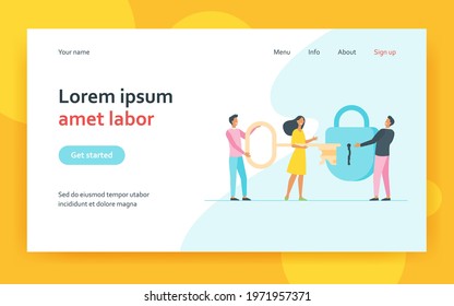 Business team finding solution together. Group with key unlocking lock. Flat vector illustration. Teamwork, success, security concept for banner, website design or landing web page