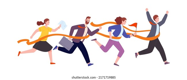 Business team finish. Office teamwork with executive leader on corporate run cross, joy of win business people, triumph success goal sport racing, vector illustration. Teamwork finish corporate