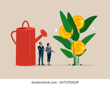 Equipo de negocios termina de regar plántulas de plantas de dinero con flor de moneda. Aumentar las ganancias, el éxito en la gestión de la riqueza. Ilustración vectorial plana