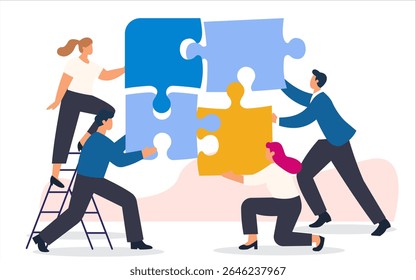 Equipe de negócios encaixando peças de quebra-cabeça juntos, ilustrando um conceito bem-sucedido de trabalho em equipe e solução	