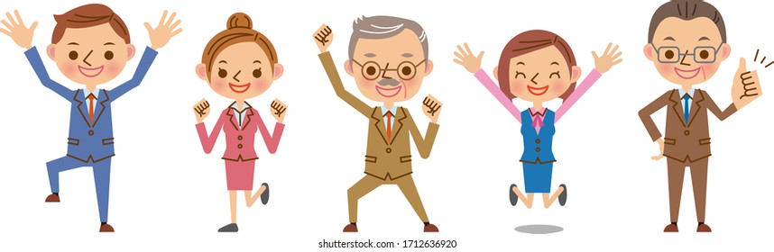 Business team of five people in suits, happy to raise their hands