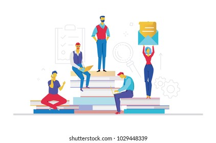 Business team - flat design style colorful illustration on white background. A composition with colleagues working on a project, sitting on big books. A woman holding a big letter