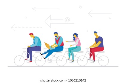 Business team - flat design style colorful illustration on white background. Metaphorical composition with cute characters, office workers or businessmen working hard, riding a bicycle to reach a goal