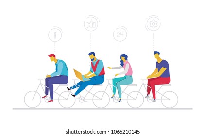 Business team - flat design style colorful illustration on white background. Metaphorical composition with cute characters, office workers or businessmen working hard, riding a bicycle