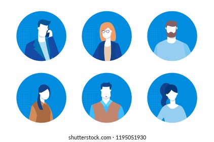 Business team - flat design style colorful illustration on white background. Set of male, female managers, businessmen, avatars of working staff in round frames. Perfect for website, mobile apps