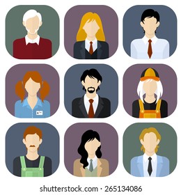 Business team flat style icons set. Men and women in different clothes and hairstyles. Vector illustration