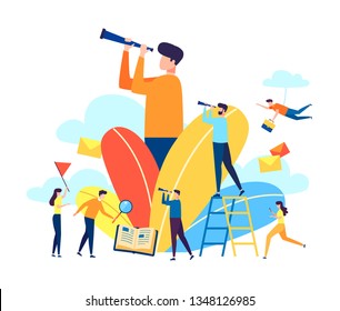 Business team in a flat style are looking for new business ideas. Leadership with the telescope in his hands looks forward. Search solution. Template design banner. Vector illus