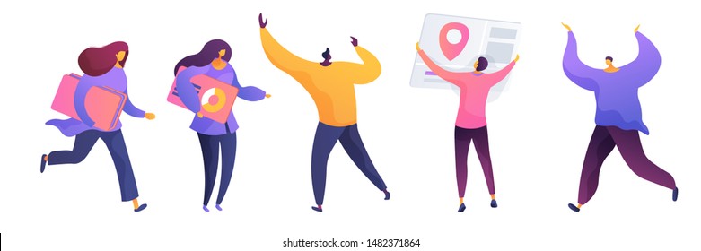 Business team flat vector illustrations set. Young coworkers, office workers cartoon characters. Coworkers holding presentation elements with donut chart and location mark. Colleagues cooperation