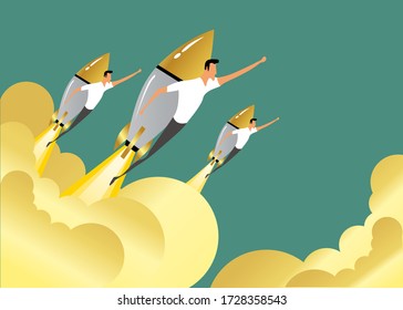 The business team flies with rockets in the sky. Start a business concept. Flat vector. Vector illustration. business charts that fly towards goals. The goal achieved. A team of entrepreneurs.