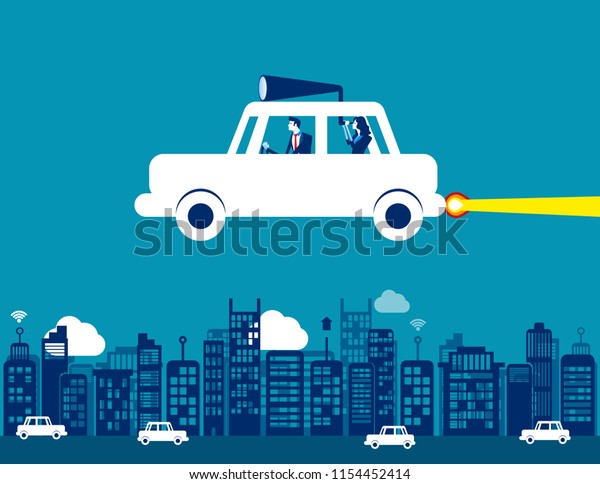 Business team\
and flying car, Concept business searching vector illustration,\
City, Transportation,\
Travel.