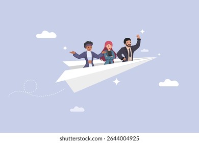Business Team Flying High on a Paper Airplane, Symbolizing Innovation, Progress, and Achieving Goals Together.