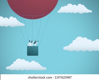 Business team flying in hot air balloon. Symbol of business vision, mission, strategy and teamwork. Eps10 vector illustration.