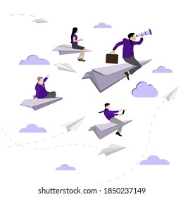 Business team flying on paper plane. Confident people on paper airplane, leadership vision, management searching, manager follow to professional, vector illustration
