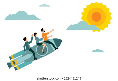 Business team flying on a rocket to their goal. leading company to the success. Business motivation concept. Vector illustration