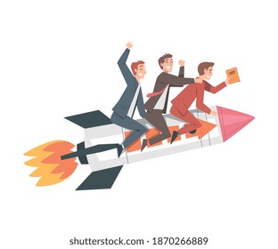 Business Team Flying on Rocket Ship, Leadership, Successful Startup Business Concept Cartoon Style Vector Illustration