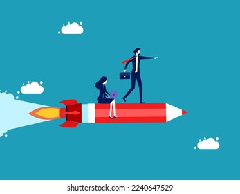 Business team flying with pencils. work as a team
