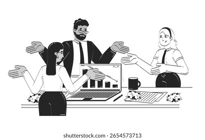 Equipe de negócios frustrada com o desempenho em declínio doodle ilustração linear. Problema de dados. Caracteres de tinta de linha 2D do laptop office em queda isolados em branco. Vetor monocromático desenhado à mão