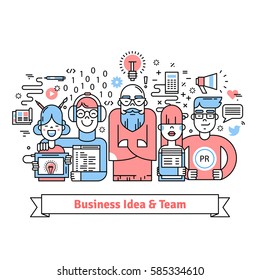 El equipo de negocios se reunió alrededor de un líder con ideas creativas. Trabajo en equipo de diseñadores, desarrolladores web, especialistas en marketing y publicidad. Collage de iconos de líneas finas. Ilustración lineal.