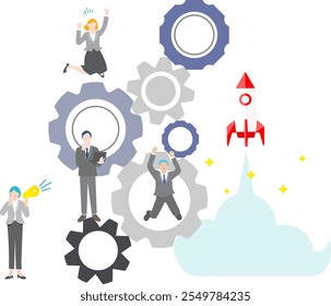 Business team - Gears and rocket - Global illustration vector material for startups.