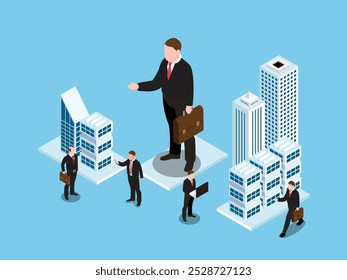 Business Team with Giant Leader Overseeing Corporate Strategy in a Cityscape 3d isometric vector illustration