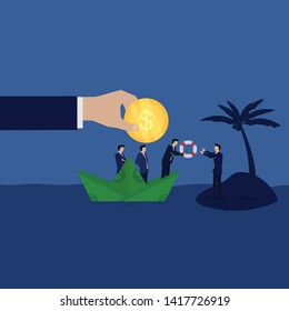 Business team give lifebuoy to businessman on island metaphor of bankruptcy. Illustration For Wallpaper, Banner, Background, Book Illustration, And Web Landing Page.