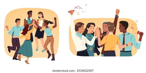 Equipo de negocios dando cinco altos celebrando el éxito. Amigos felices o trabajadores hombres, mujeres y personas se reúnen en grupo. Logro de Personas, trabajo en equipo exitoso conjunto de Ilustraciones vectoriales Joy Flat