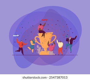 Equipo de negocios dando fiesta ganadora, celebrando el éxito, consiguiendo recompensa, bailando alrededor de la taza del premio enorme. Ilustración vectorial para el logro de objetivos, ganadores, victoria, triunfo, premio, concepto de liderazgo