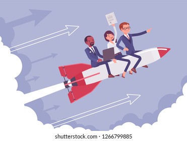 Business team go high to success on a rocket. Leaders moving company to the top, profitable strategy developing in right direction. Business motivation concept. Vector flat style cartoon illustration